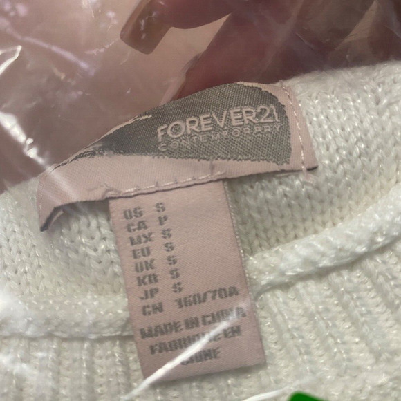 White Ivory Knit Asymmetrical Round Neck Short Sleeve Sweater S - Picture 6 of 6